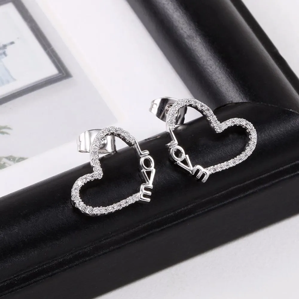 Heart Shape LOVE Pattern White Cubic Zirconia Stud Earrings For Women Fashion Party Accessories Gift For Her