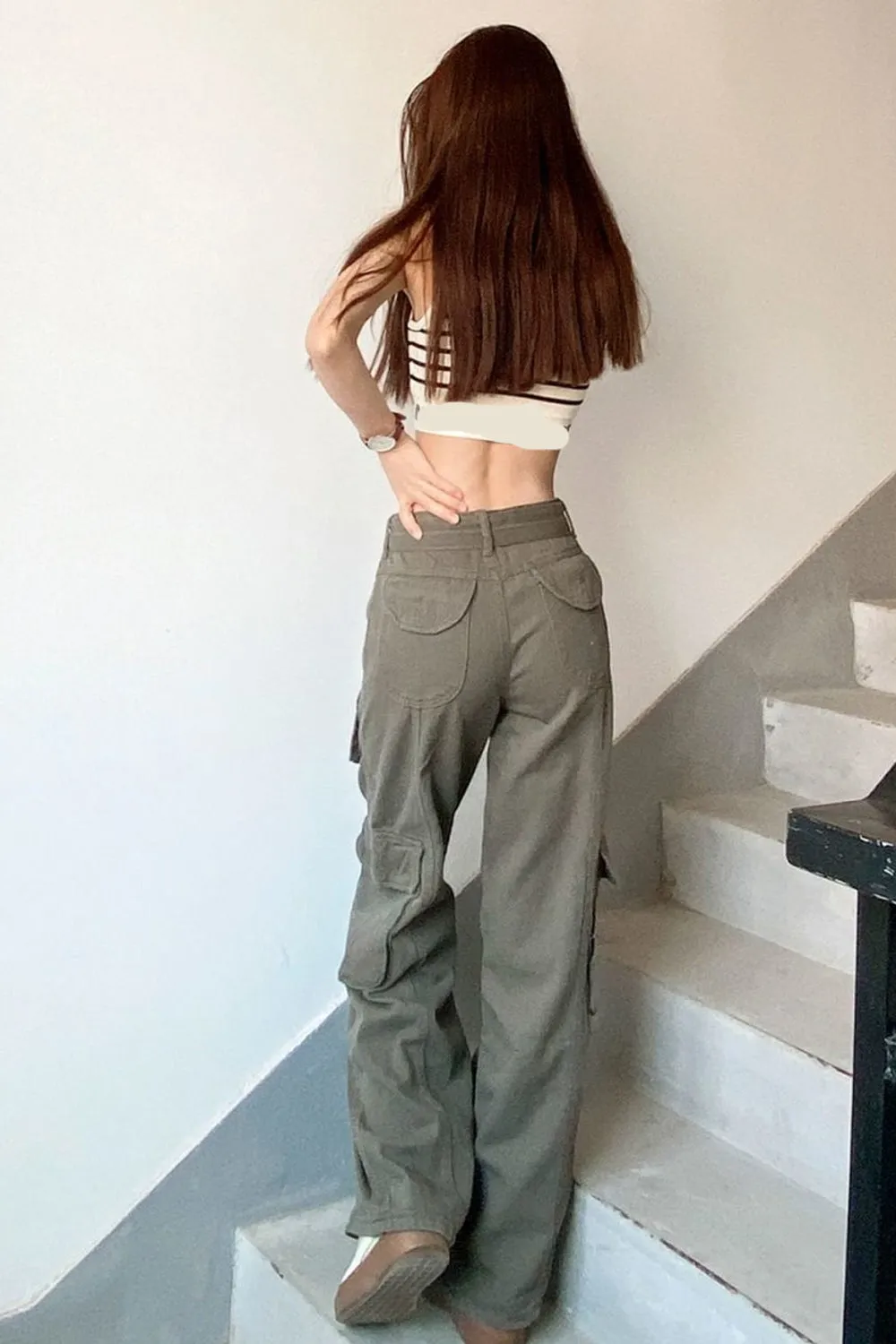 High Waist Cargo Pockets Loose Pants