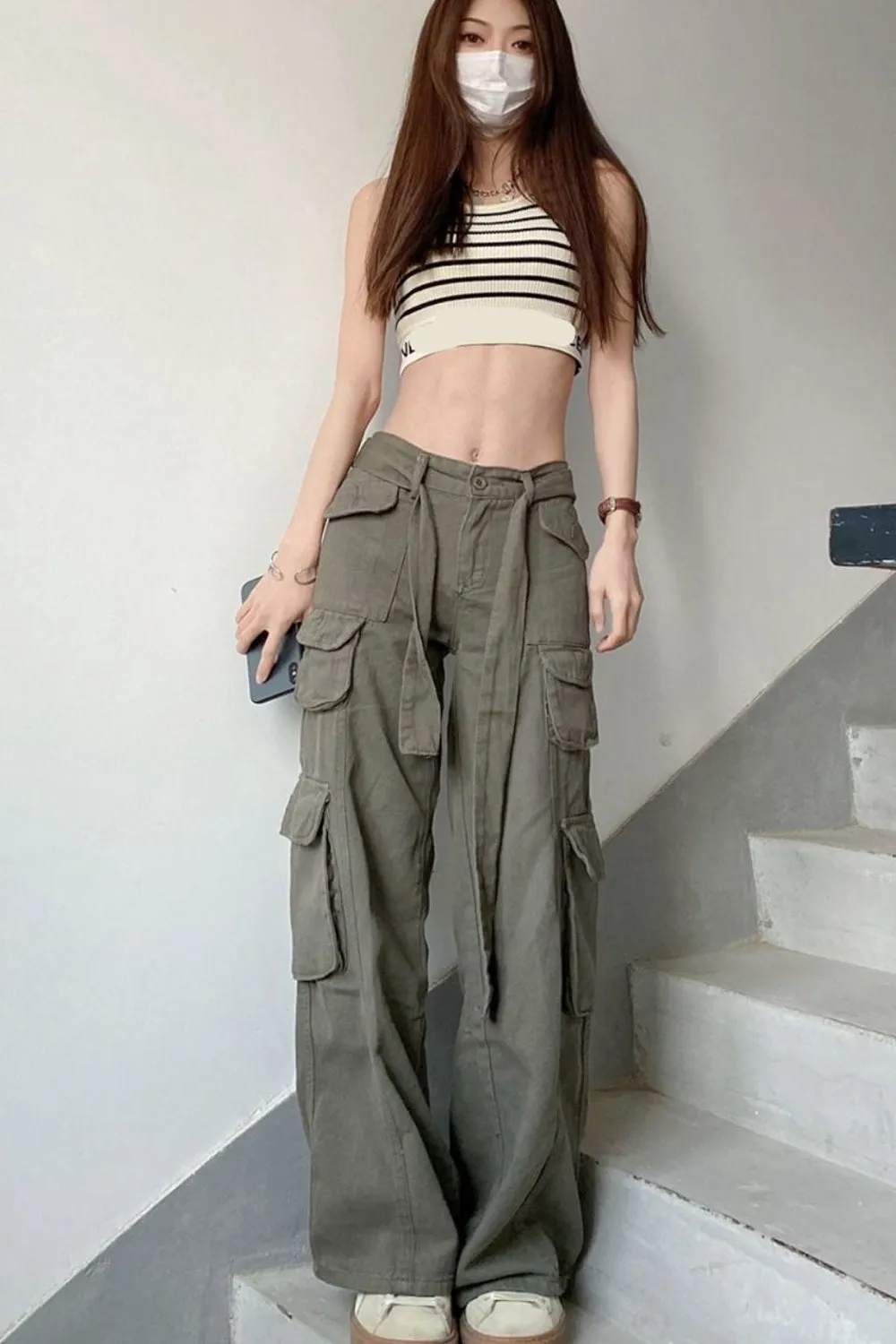 High Waist Cargo Pockets Loose Pants