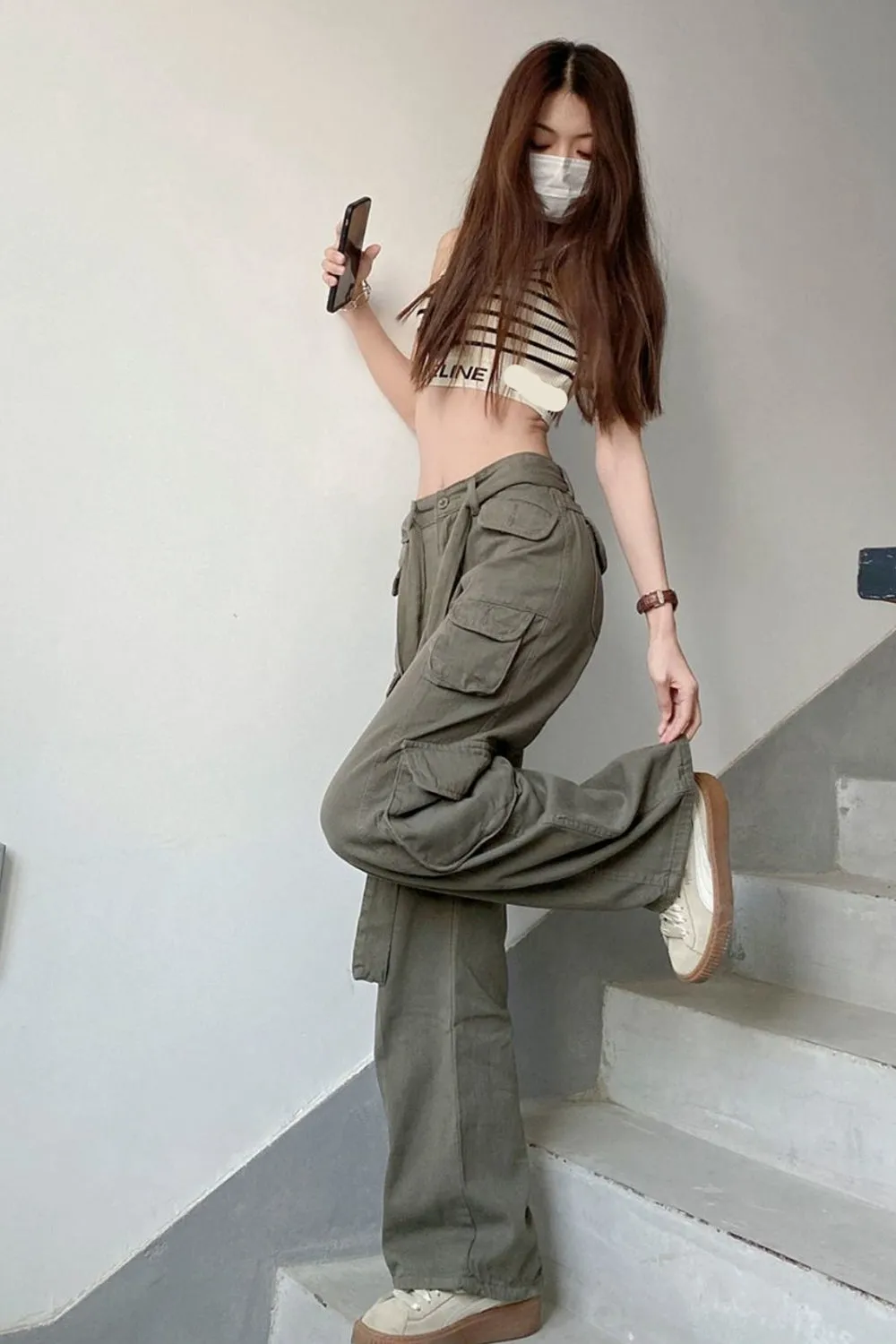 High Waist Cargo Pockets Loose Pants