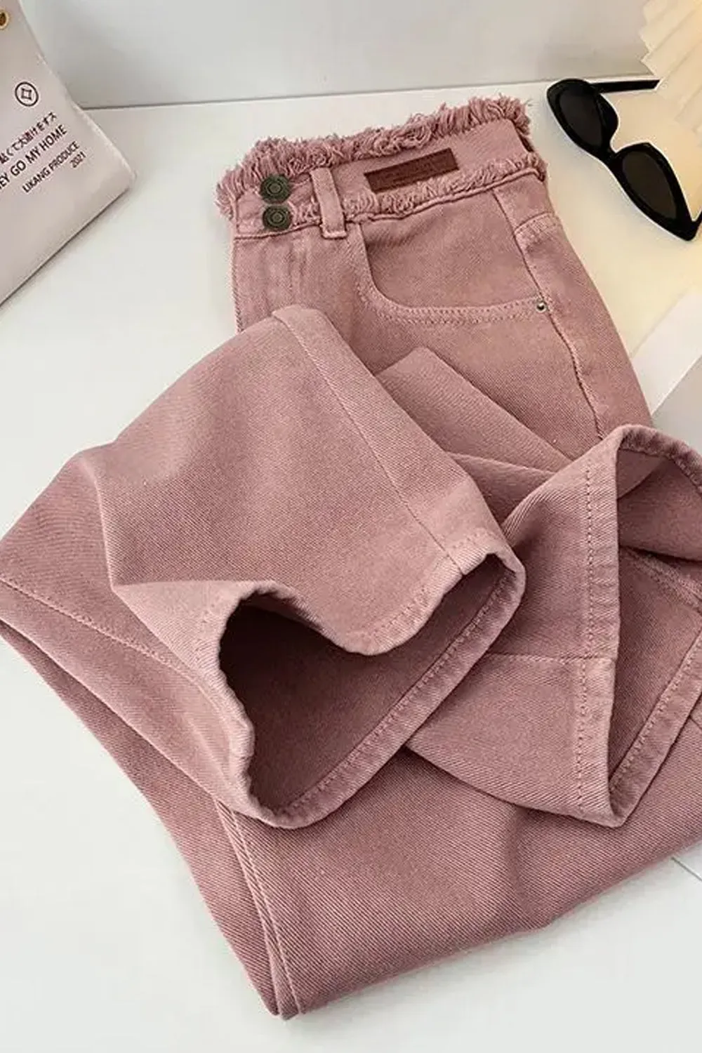 High Waist Retro Pink Long Jeans Pants