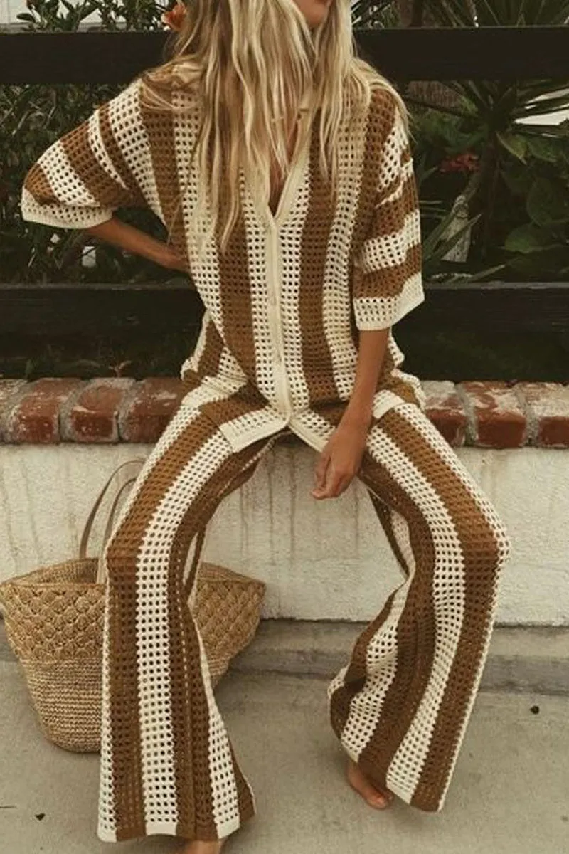 HUQ1064 Stripes Collared Top & Pants Set