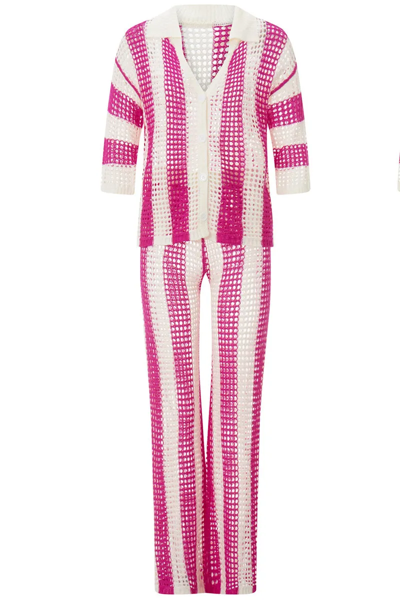 HUQ1064 Stripes Collared Top & Pants Set