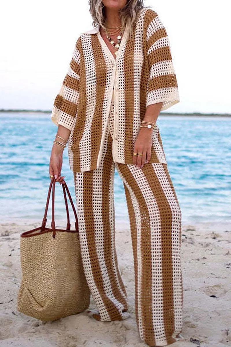 HUQ1064 Stripes Collared Top & Pants Set