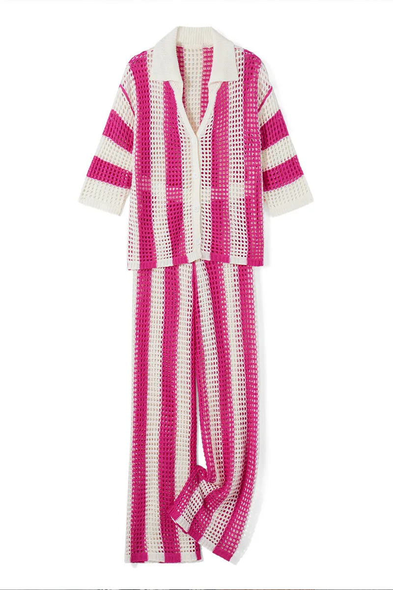 HUQ1064 Stripes Collared Top & Pants Set