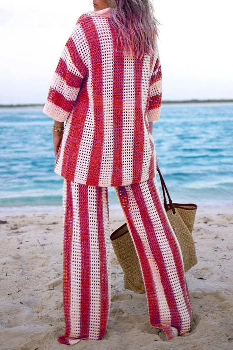 HUQ1064 Stripes Collared Top & Pants Set