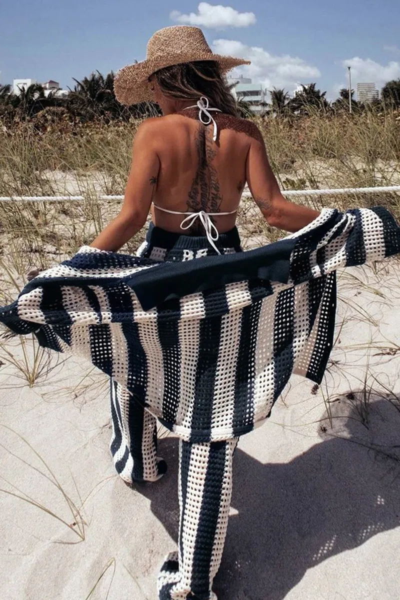 HUQ1064 Stripes Collared Top & Pants Set