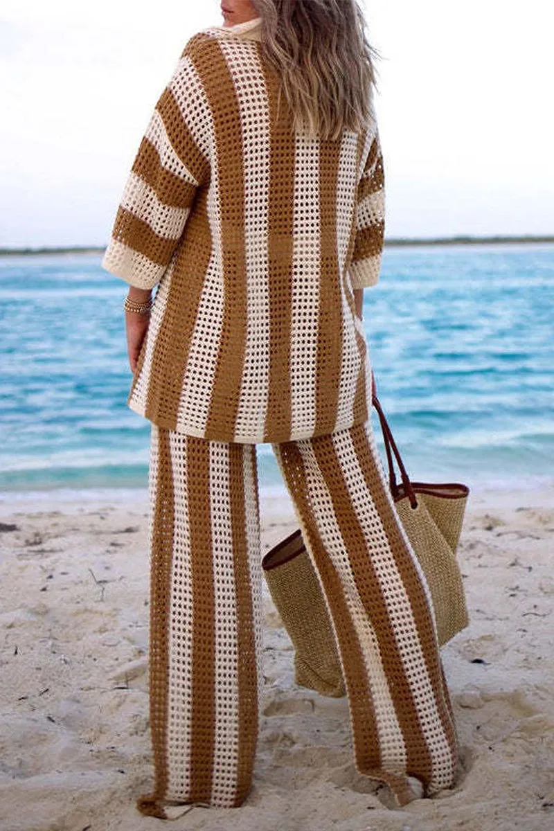 HUQ1064 Stripes Collared Top & Pants Set