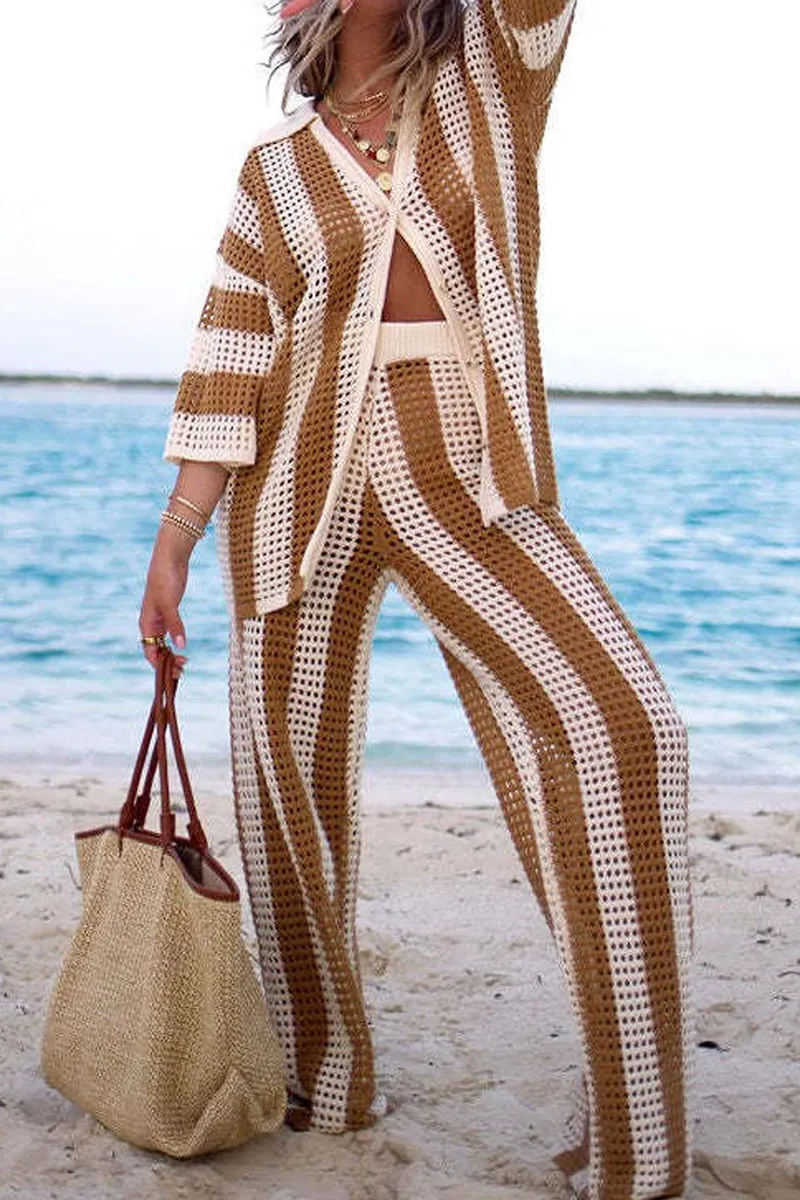 HUQ1064 Stripes Collared Top & Pants Set