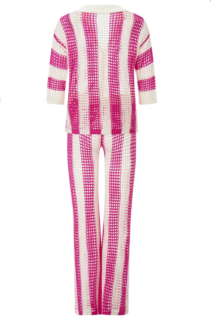HUQ1064 Stripes Collared Top & Pants Set