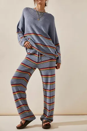HUQ1065 Striped Rib-Knit Top & Pants Set