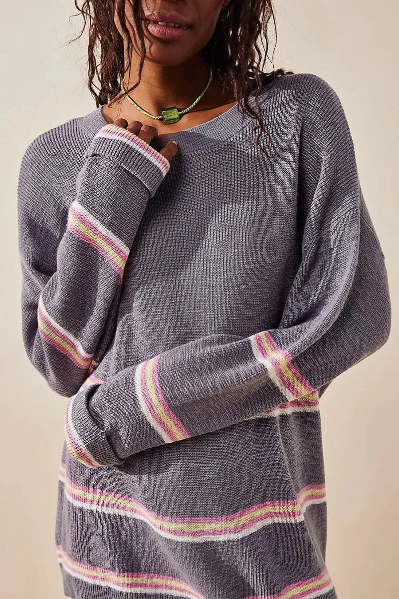 HUQ1065 Striped Rib-Knit Top & Pants Set