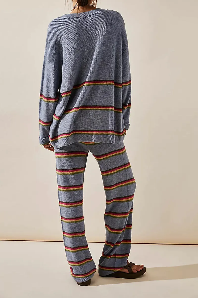 HUQ1065 Striped Rib-Knit Top & Pants Set
