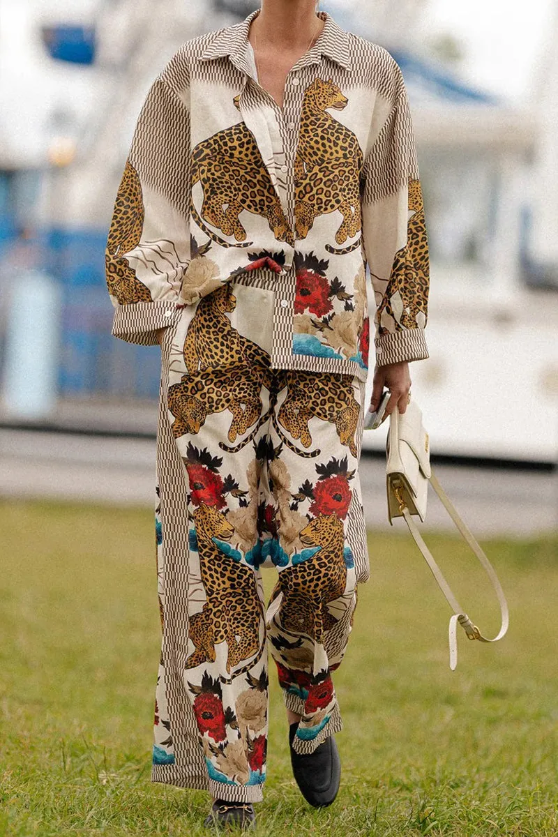 HUQ1304 Leopard Floral Top & Pants Set