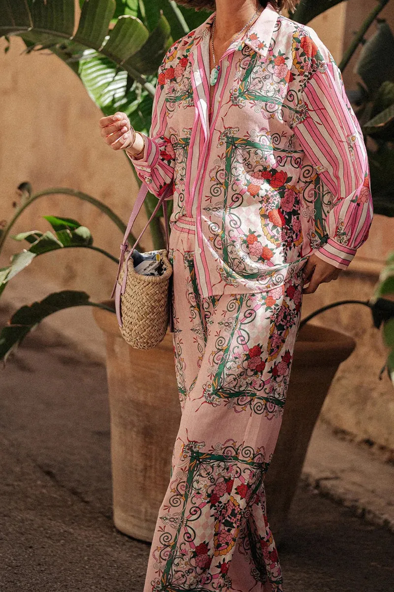 HUQ1319 Floral Collared Top & Pants Set