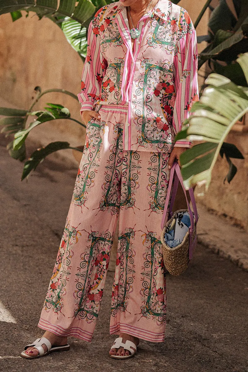 HUQ1319 Floral Collared Top & Pants Set