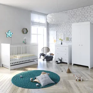Italian-Inspired 5 piece White Wooden Toddler Room Set | Cot Bed | Deluxe Mattress | Wardrobe | Chest of Drawers | Changing Station | Crisp White