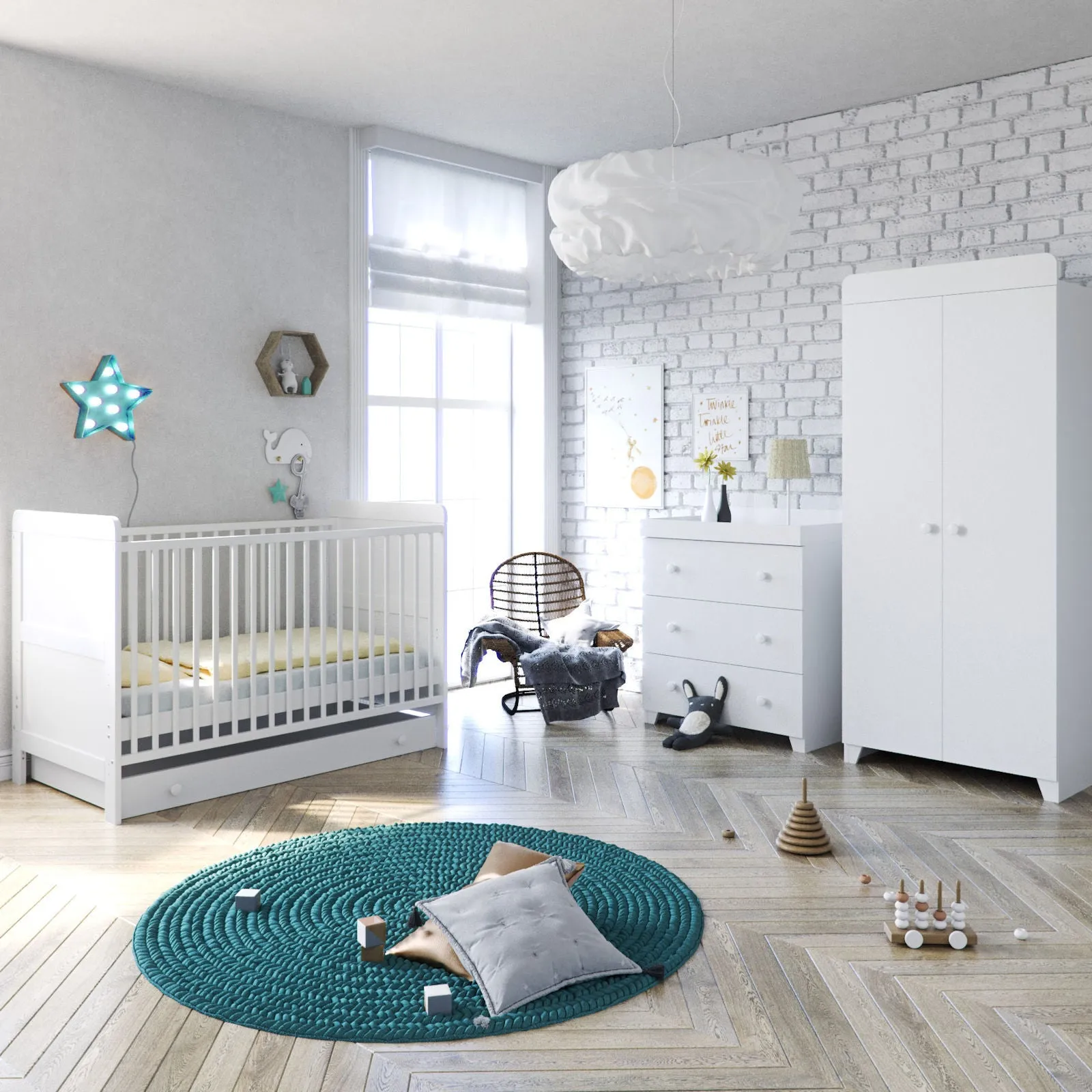 Italian-Inspired 5 piece White Wooden Toddler Room Set | Cot Bed | Deluxe Mattress | Wardrobe | Chest of Drawers | Changing Station | Crisp White