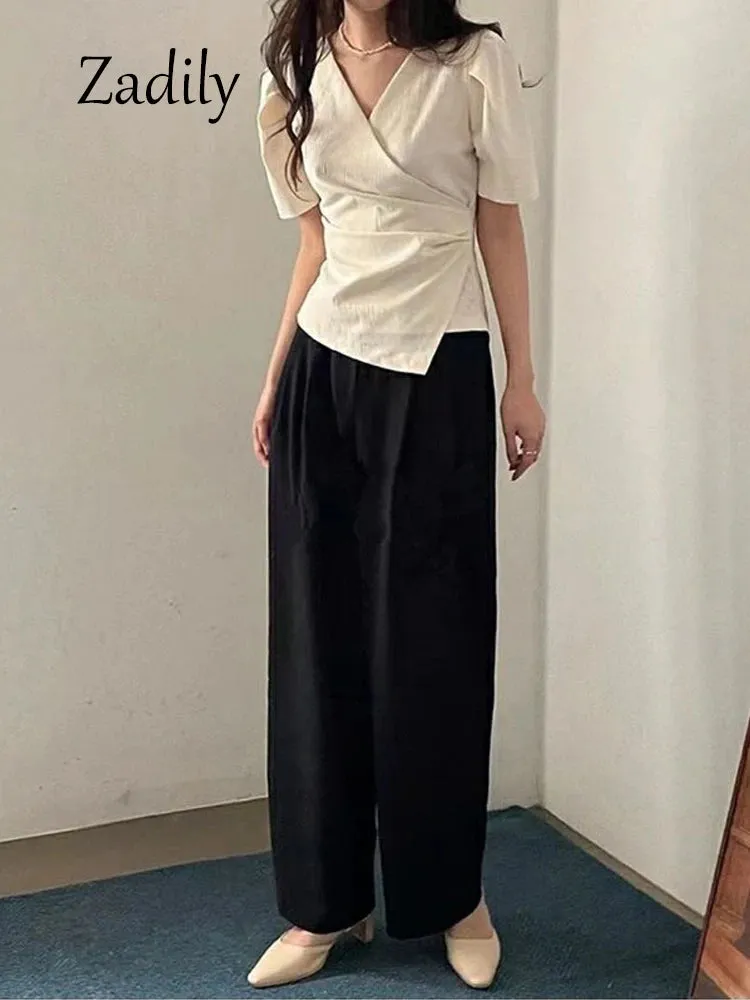JazzHer 2024 Summer Office Lady Short Sleeve Women Asymmetrical Blouse Shirt Slim Solid Color Woman Tops Work Female Clothing