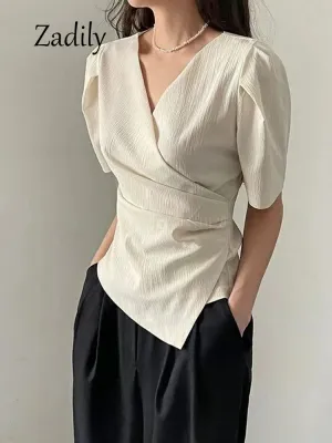 JazzHer 2024 Summer Office Lady Short Sleeve Women Asymmetrical Blouse Shirt Slim Solid Color Woman Tops Work Female Clothing