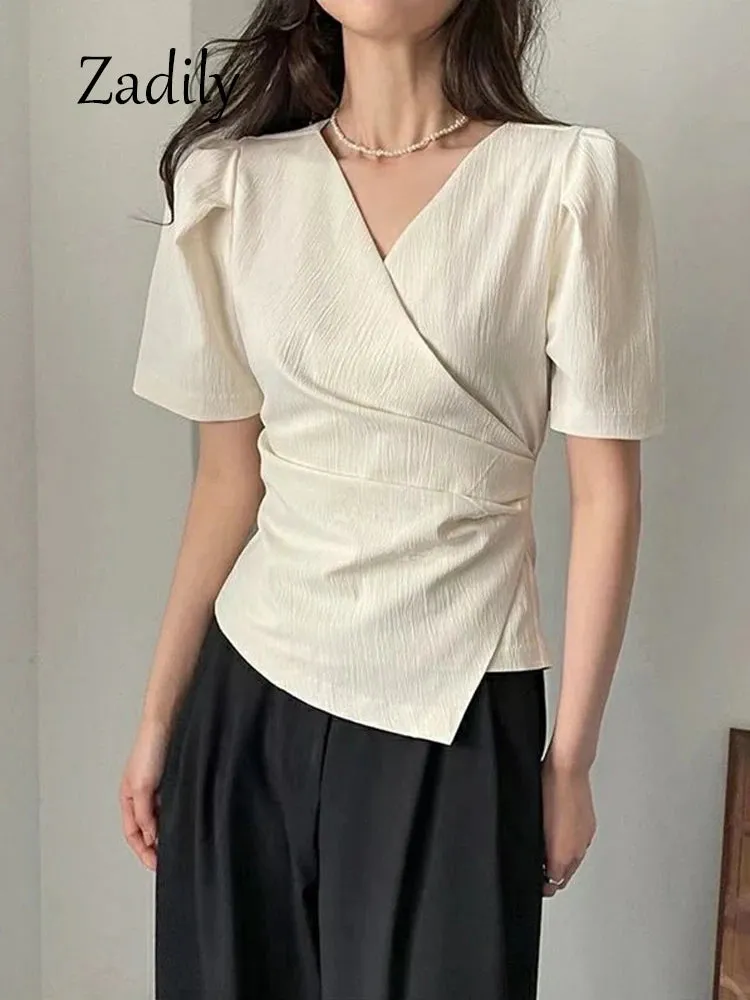 JazzHer 2024 Summer Office Lady Short Sleeve Women Asymmetrical Blouse Shirt Slim Solid Color Woman Tops Work Female Clothing