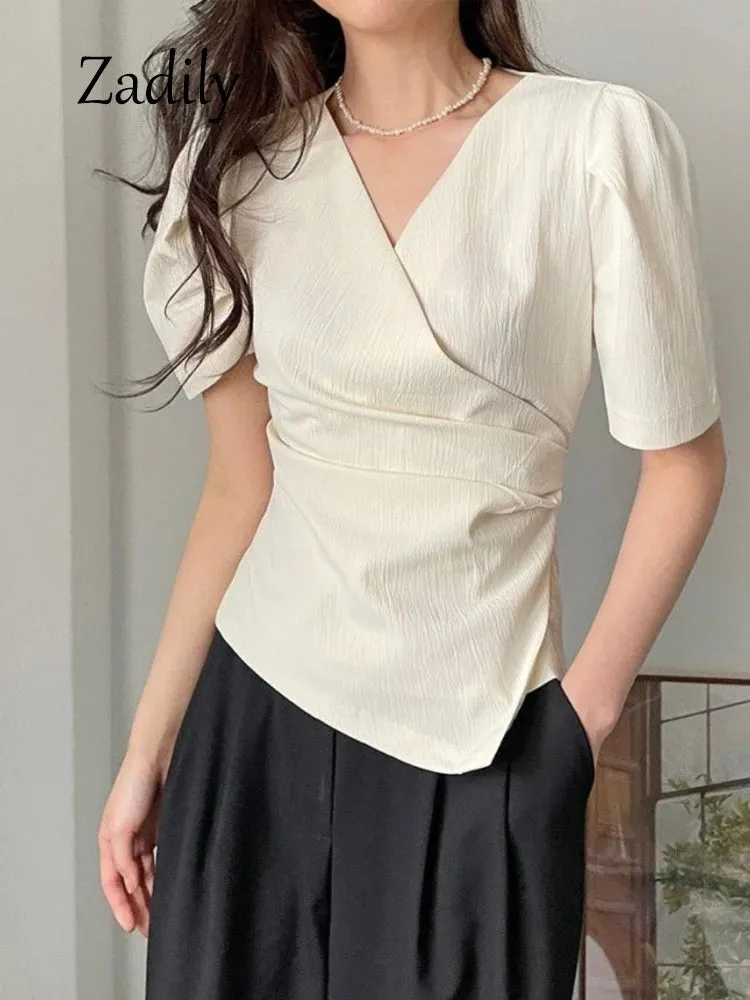JazzHer 2024 Summer Office Lady Short Sleeve Women Asymmetrical Blouse Shirt Slim Solid Color Woman Tops Work Female Clothing