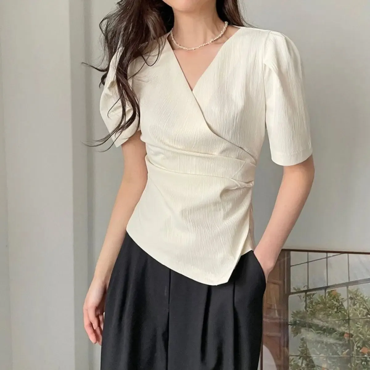 JazzHer 2024 Summer Office Lady Short Sleeve Women Asymmetrical Blouse Shirt Slim Solid Color Woman Tops Work Female Clothing