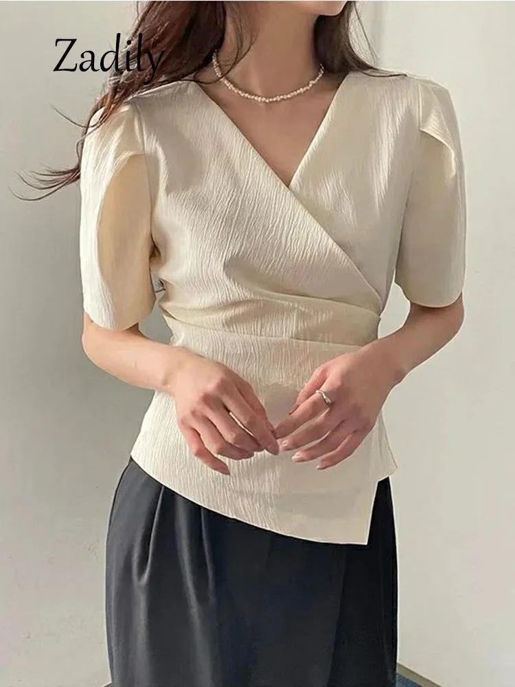 JazzHer 2024 Summer Office Lady Short Sleeve Women Asymmetrical Blouse Shirt Slim Solid Color Woman Tops Work Female Clothing