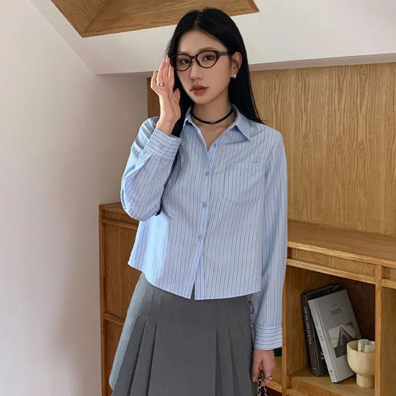 JazzHer Blue Striped Shirts Women Spring Chic Long Sleeve Crop Tops Korean Fashion All Match Office Lady Simple Turn Down Collar Blouse