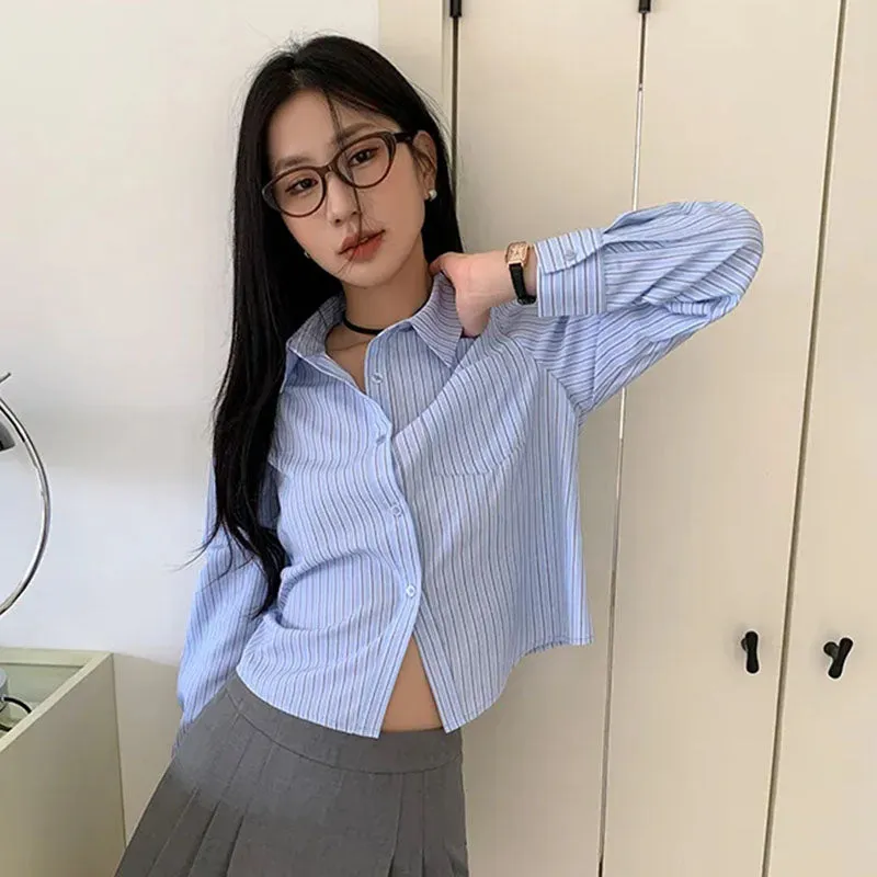 JazzHer Blue Striped Shirts Women Spring Chic Long Sleeve Crop Tops Korean Fashion All Match Office Lady Simple Turn Down Collar Blouse