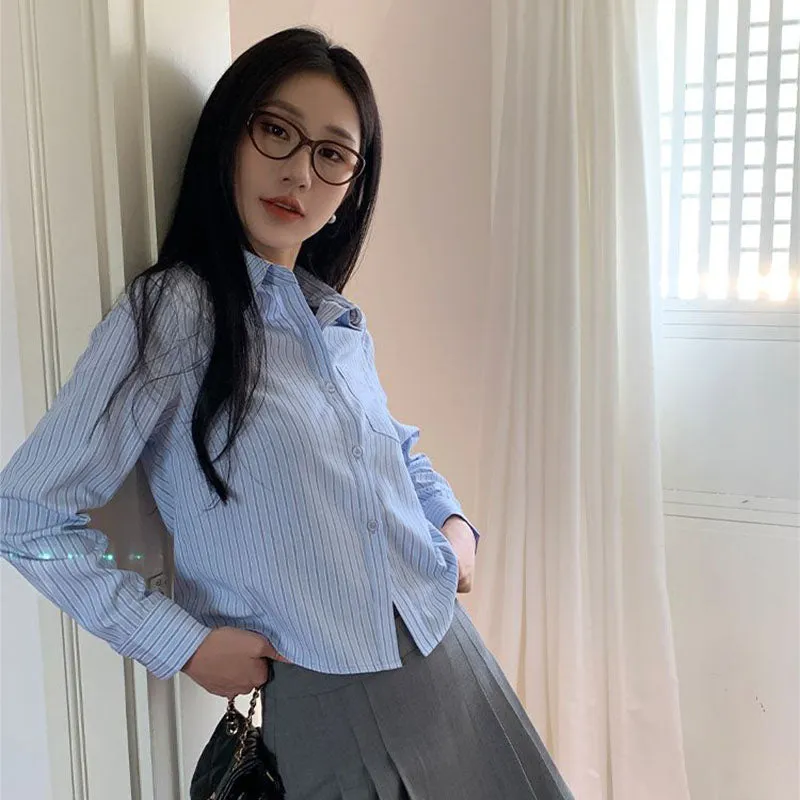 JazzHer Blue Striped Shirts Women Spring Chic Long Sleeve Crop Tops Korean Fashion All Match Office Lady Simple Turn Down Collar Blouse