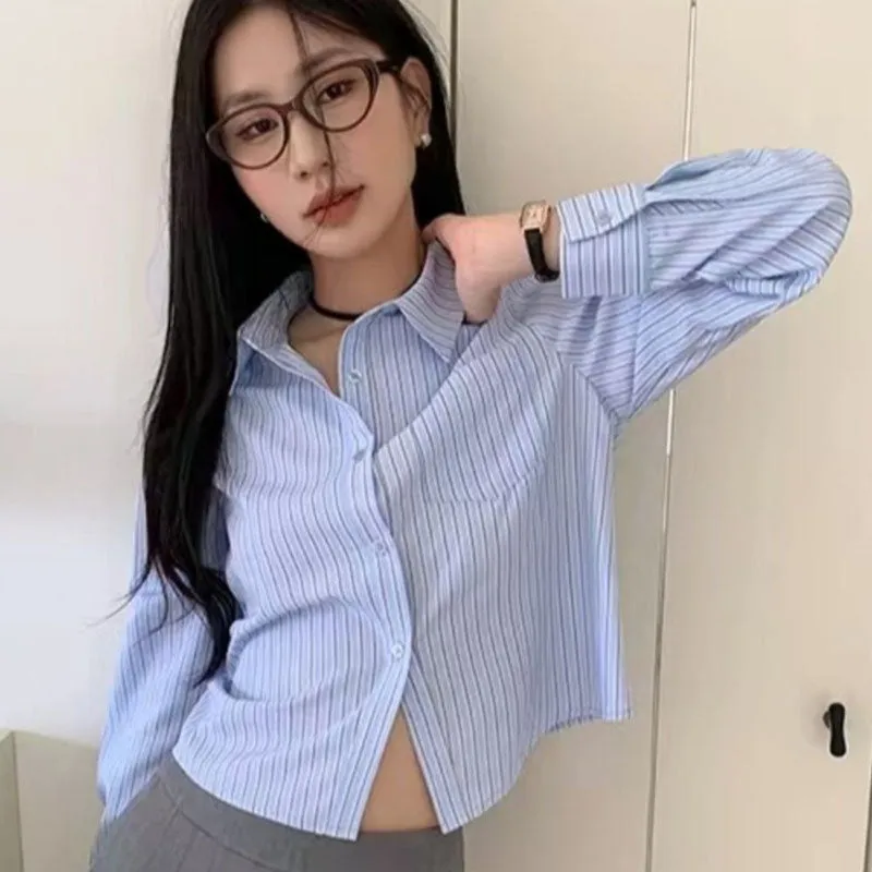JazzHer Blue Striped Shirts Women Spring Chic Long Sleeve Crop Tops Korean Fashion All Match Office Lady Simple Turn Down Collar Blouse