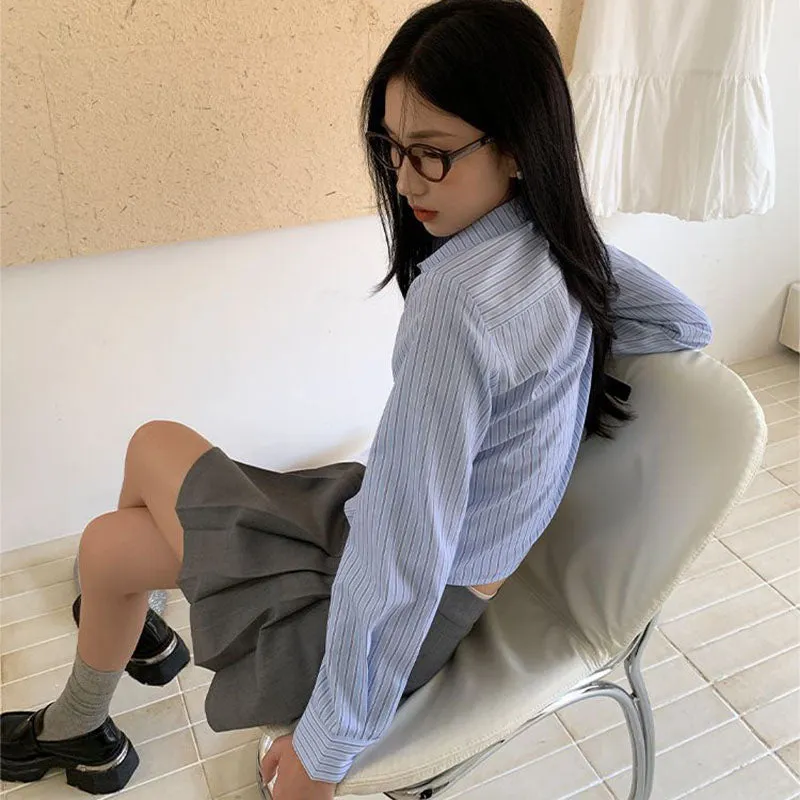 JazzHer Blue Striped Shirts Women Spring Chic Long Sleeve Crop Tops Korean Fashion All Match Office Lady Simple Turn Down Collar Blouse