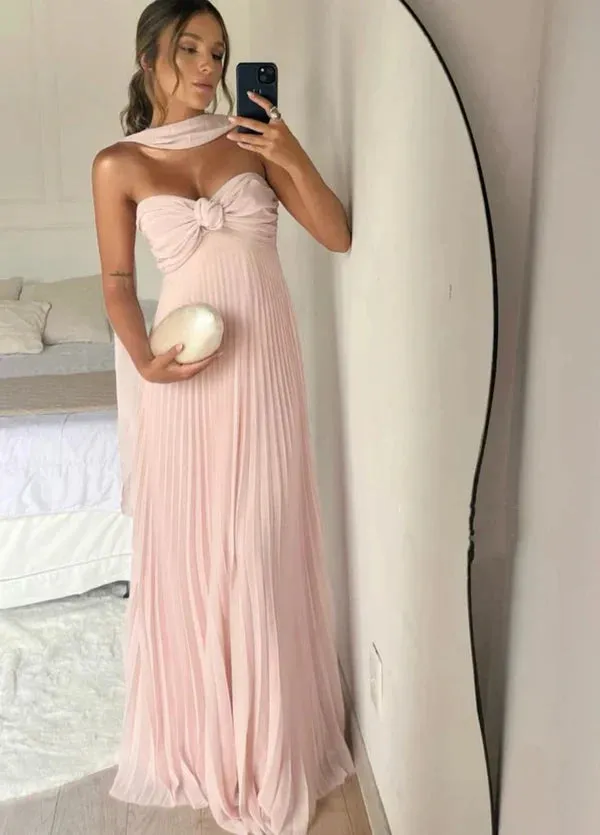 JazzHer Classy A Line Strapless Light Pink Chiffon Long Prom Dresses Evening Dress With Ruffles (PRE-ORDER)