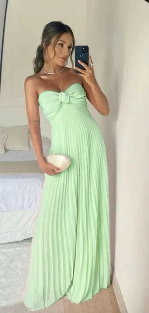 JazzHer Classy A Line Strapless Light Pink Chiffon Long Prom Dresses Evening Dress With Ruffles (PRE-ORDER)