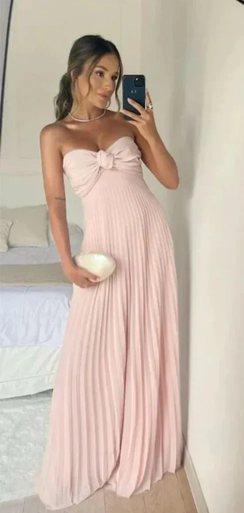 JazzHer Classy A Line Strapless Light Pink Chiffon Long Prom Dresses Evening Dress With Ruffles (PRE-ORDER)