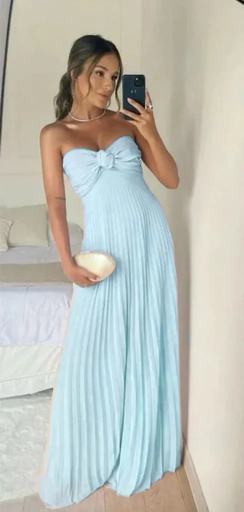 JazzHer Classy A Line Strapless Light Pink Chiffon Long Prom Dresses Evening Dress With Ruffles (PRE-ORDER)