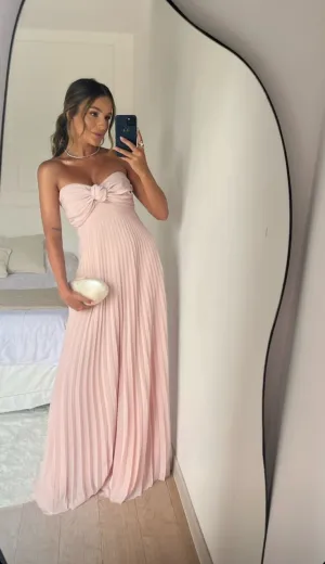 JazzHer Classy A Line Strapless Light Pink Chiffon Long Prom Dresses Evening Dress With Ruffles (PRE-ORDER)