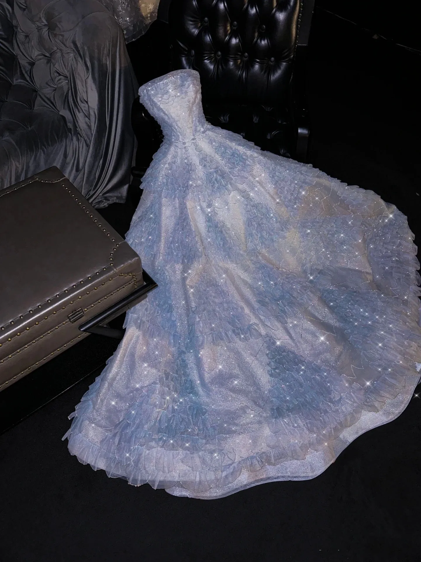 JazzHer Fairytale A Line Strapless Light Sky Blue Tulle Sleeveless Prom Dress Evening Dresses (PRE-ORDER)