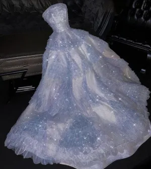 JazzHer Fairytale A Line Strapless Light Sky Blue Tulle Sleeveless Prom Dress Evening Dresses (PRE-ORDER)