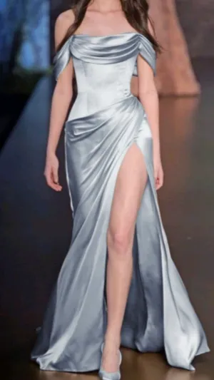 JazzHer Pretty A line Off The Shoulder Light Blue Satin Prom Dresses With Ruffle Long Evening Dress (PRE-ORDER)