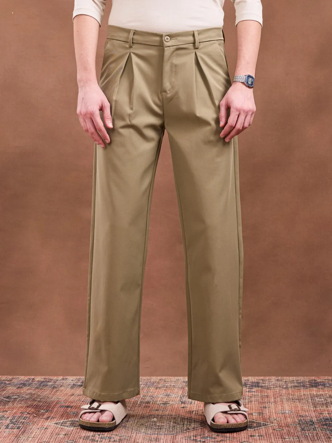 Khaki Plain Korean Loose Pants