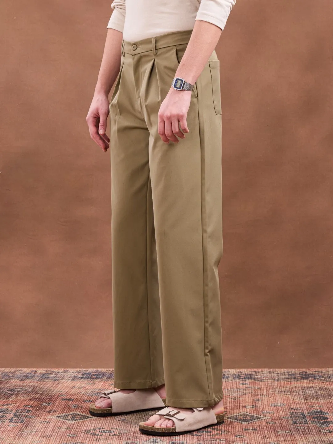 Khaki Plain Korean Loose Pants
