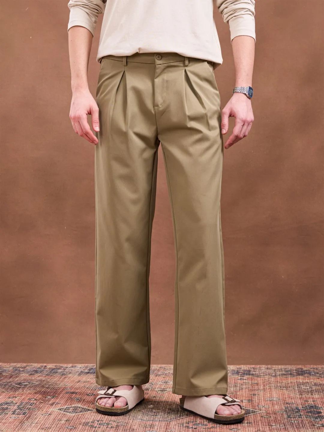 Khaki Plain Korean Loose Pants