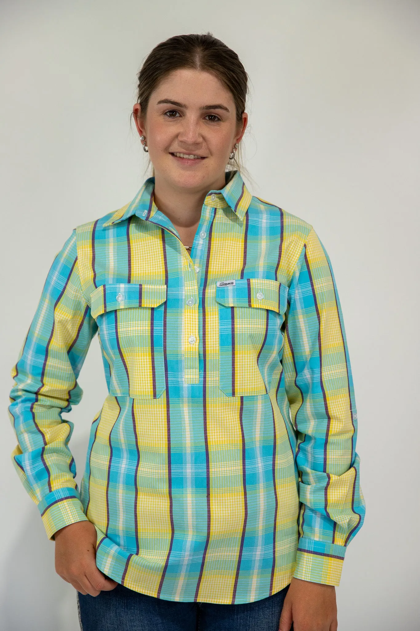 Kylie - 1/2 Button Front Plaid Long Sleeve Cotton Collared Shirt