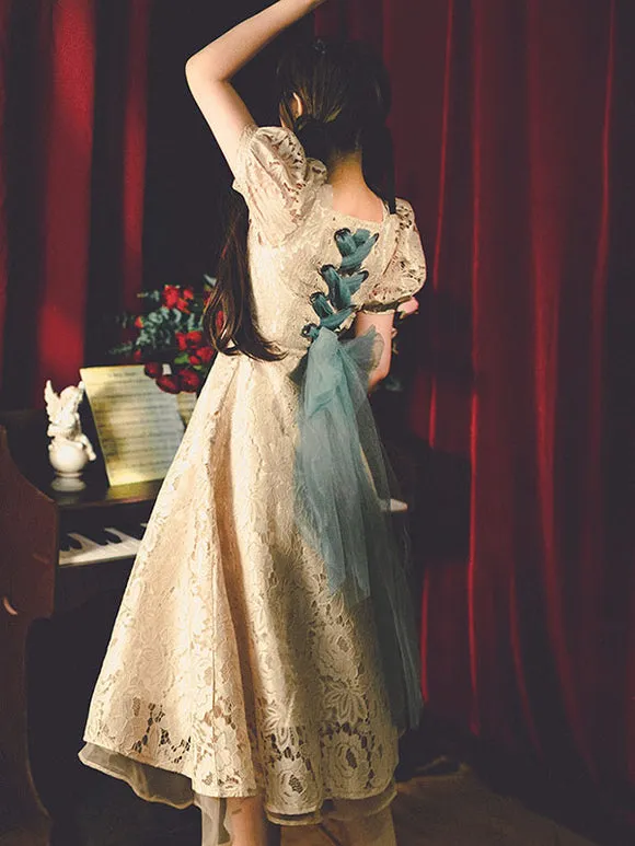 Lace Lolita OP Dress Light Apricot Bows  Dress