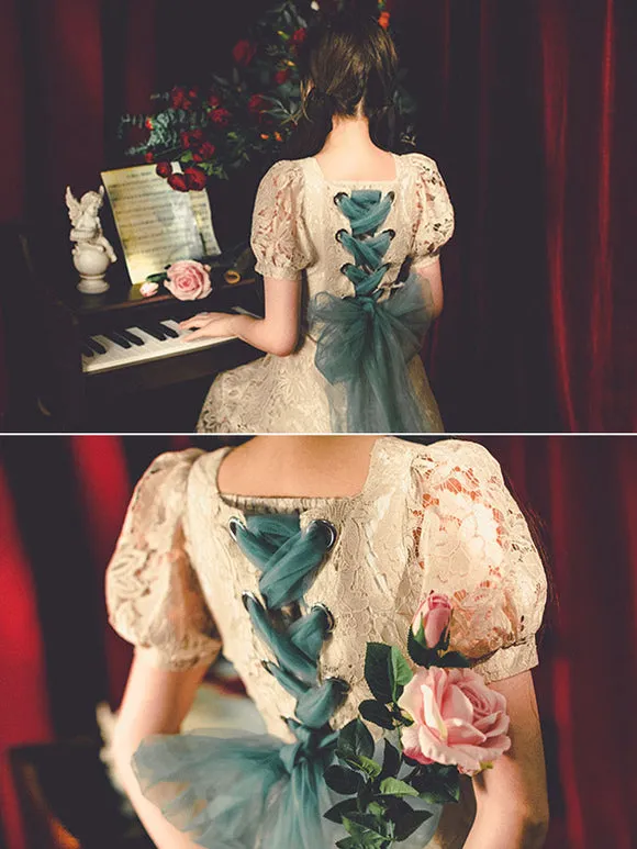 Lace Lolita OP Dress Light Apricot Bows  Dress