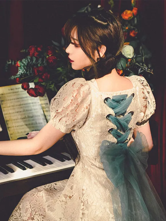 Lace Lolita OP Dress Light Apricot Bows  Dress