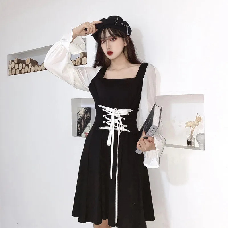 Lace-up black dress KF81975