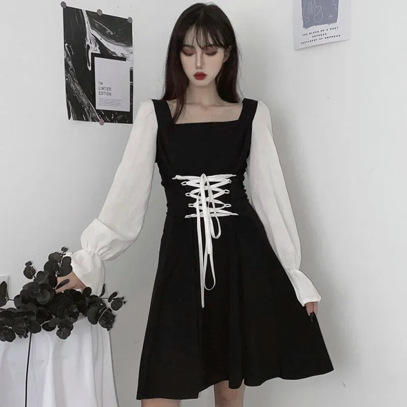 Lace-up black dress KF81975